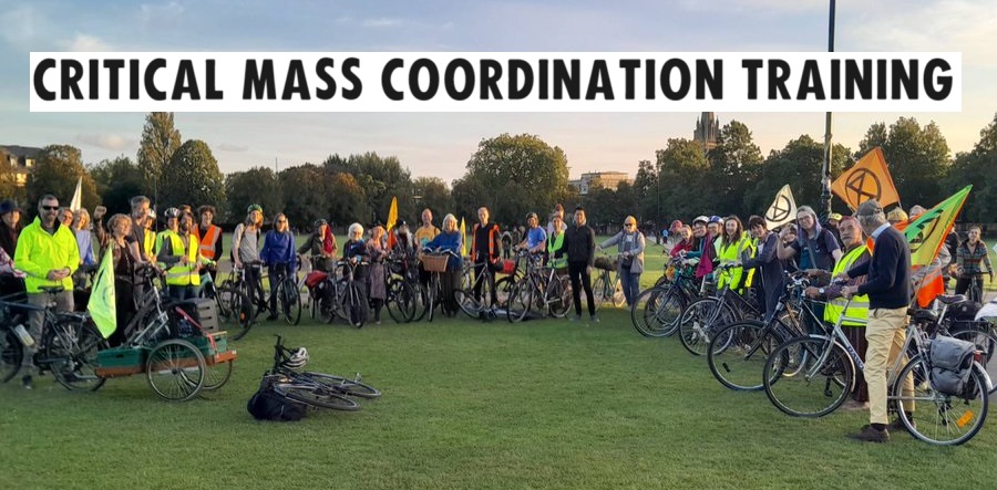 An image saying critical mass coordination training with a large group of cyclists standing in a park with flags.